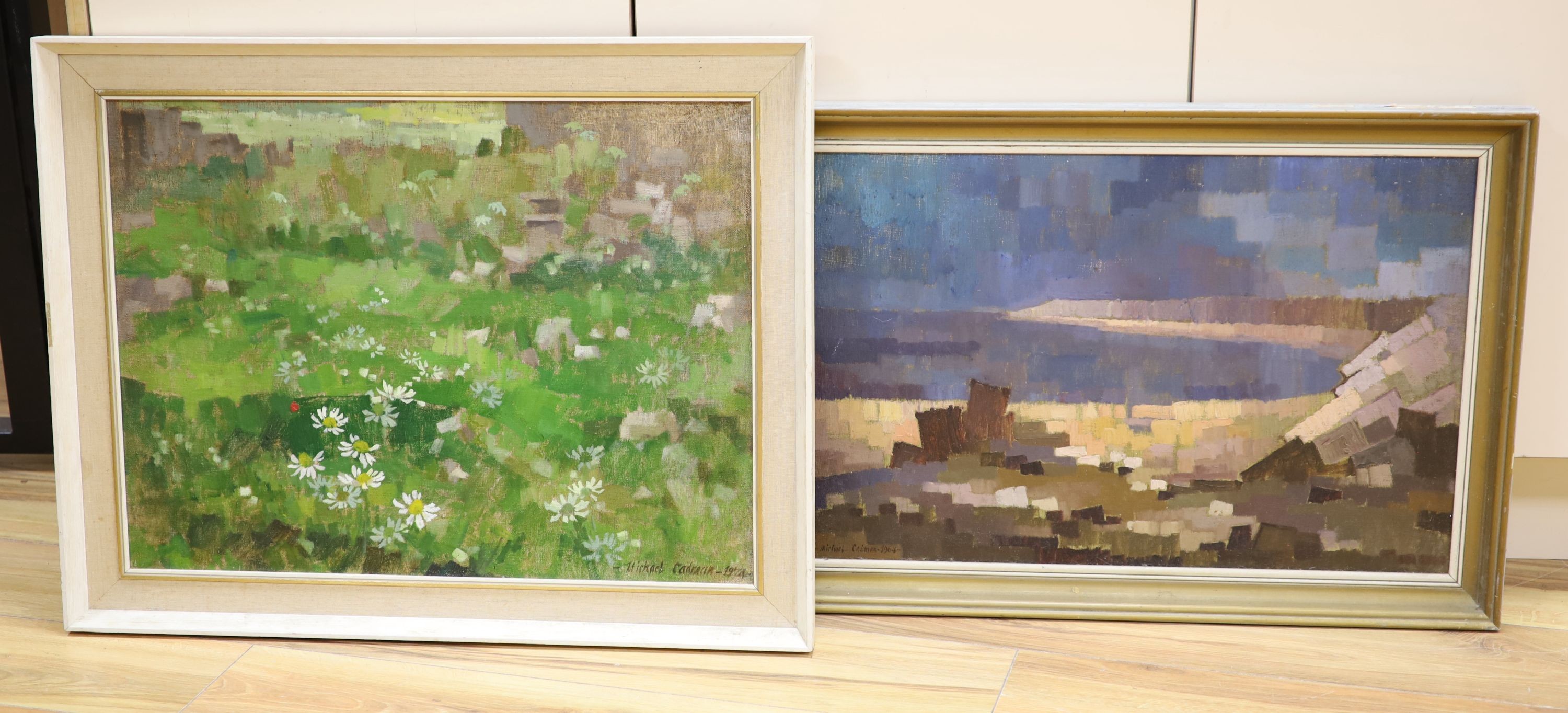 Michael Cadman (1920-2010), two oils on board, Abstract landscape 1964 and Farmyard, France, both signed, 40 x 60cm and 44 x 60cm